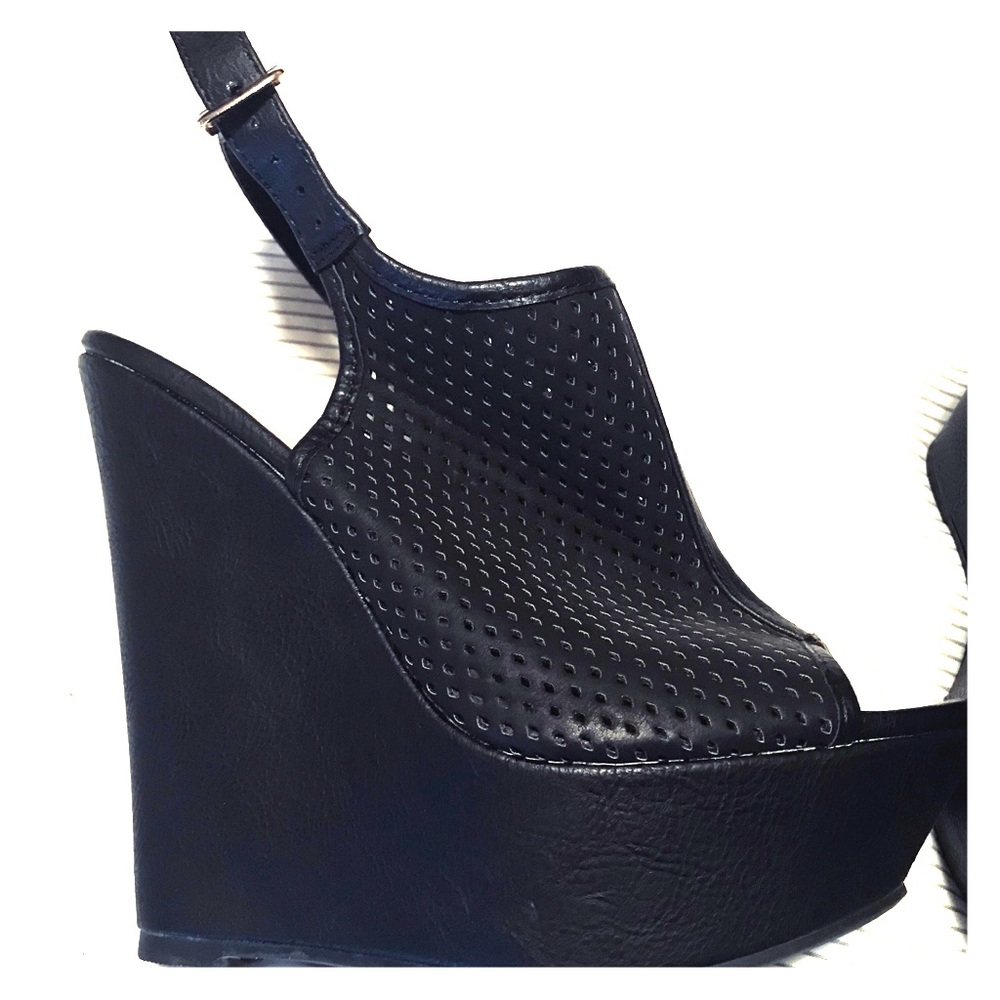 Angelina Brand black wedges with back strap